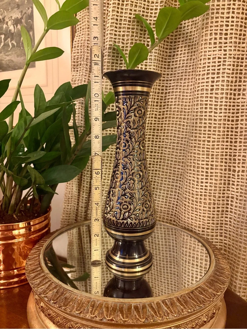Vintage Etched Black and Gold Floral Vase